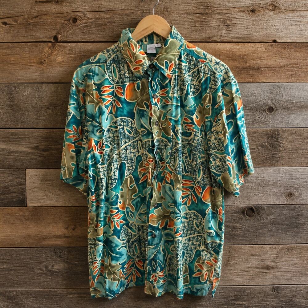 Vintage The Territory Ahead Mens L Abstract Hawaiian Shirt Tropical Rayon Teal